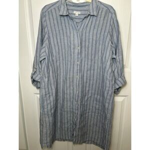 J Jill Love Linen XL Blue White Striped Button Front Midi Shirt Dress J. Jill